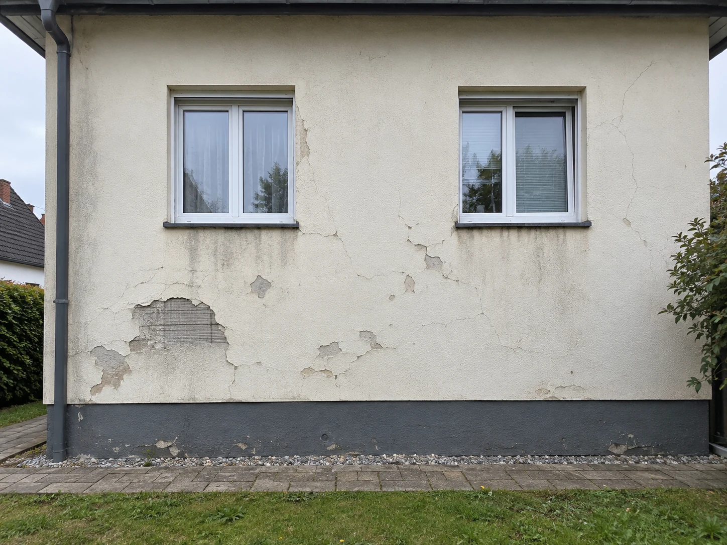 Hausfassade mit Rissen und beschädigten Putzflächen